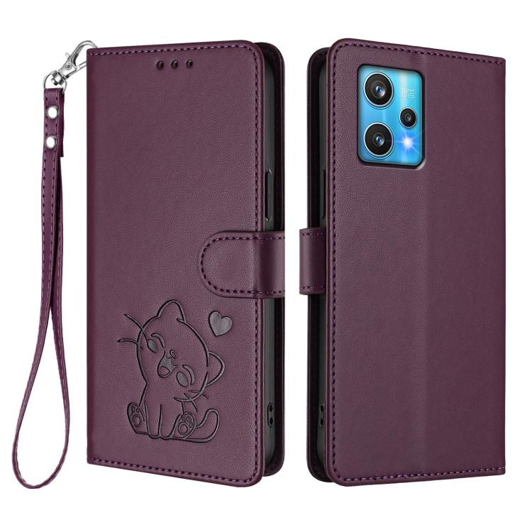 For Realme 9 Pro+ 5G / Narzo 50 Pro 5G Embossed Heart Cat Leather Phone Case with Hand Strap