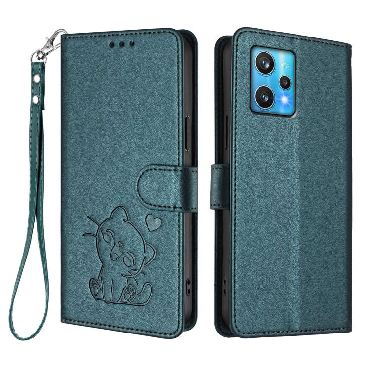 For Realme 9 Pro+ 5G / Narzo 50 Pro 5G Embossed Heart Cat Leather Phone Case with Hand Strap