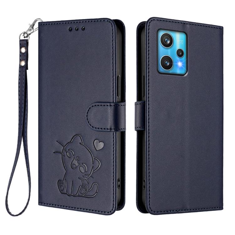 For Realme 9 Pro+ 5G / Narzo 50 Pro 5G Embossed Heart Cat Leather Phone Case with Hand Strap