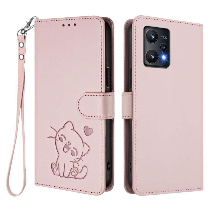 For Realme 9 Pro 5G Global / 9 5G EU Embossed Heart Cat Leather Phone Case with Hand Strap