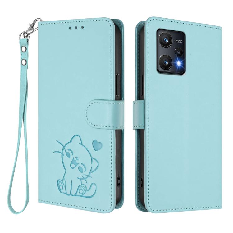 For Realme 9 Pro 5G Global / 9 5G EU Embossed Heart Cat Leather Phone Case with Hand Strap