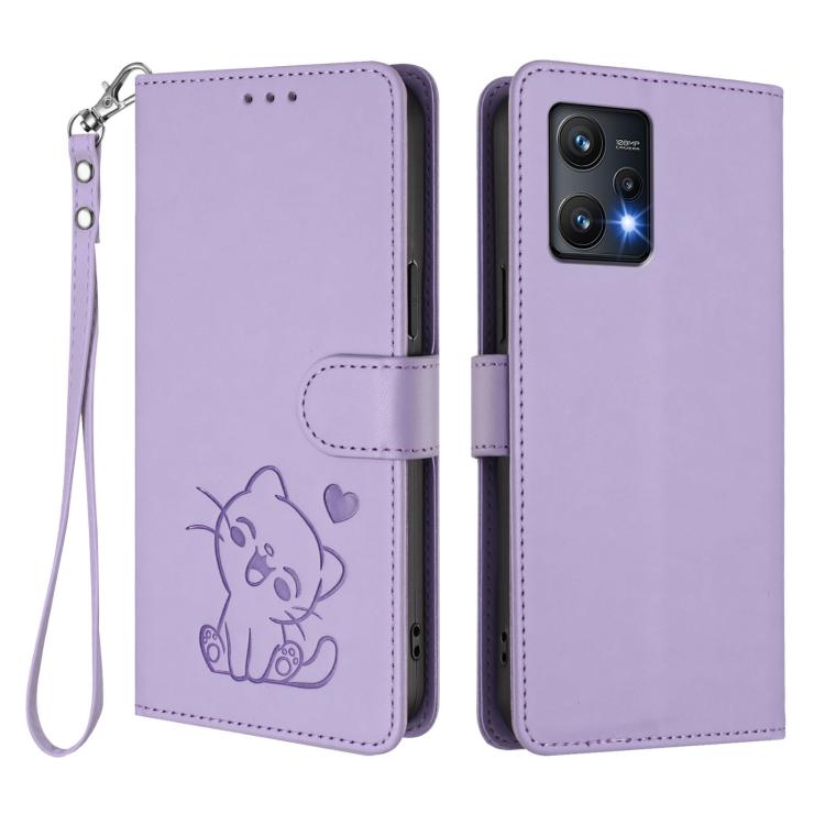 For Realme 9 Pro 5G Global / 9 5G EU Embossed Heart Cat Leather Phone Case with Hand Strap