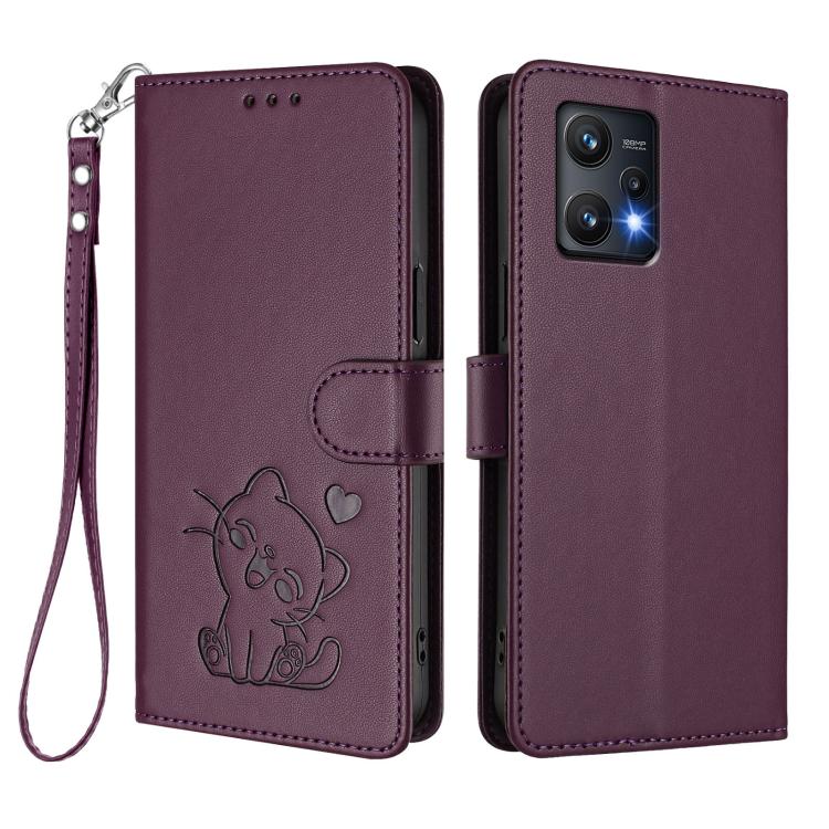 For Realme 9 Pro 5G Global / 9 5G EU Embossed Heart Cat Leather Phone Case with Hand Strap
