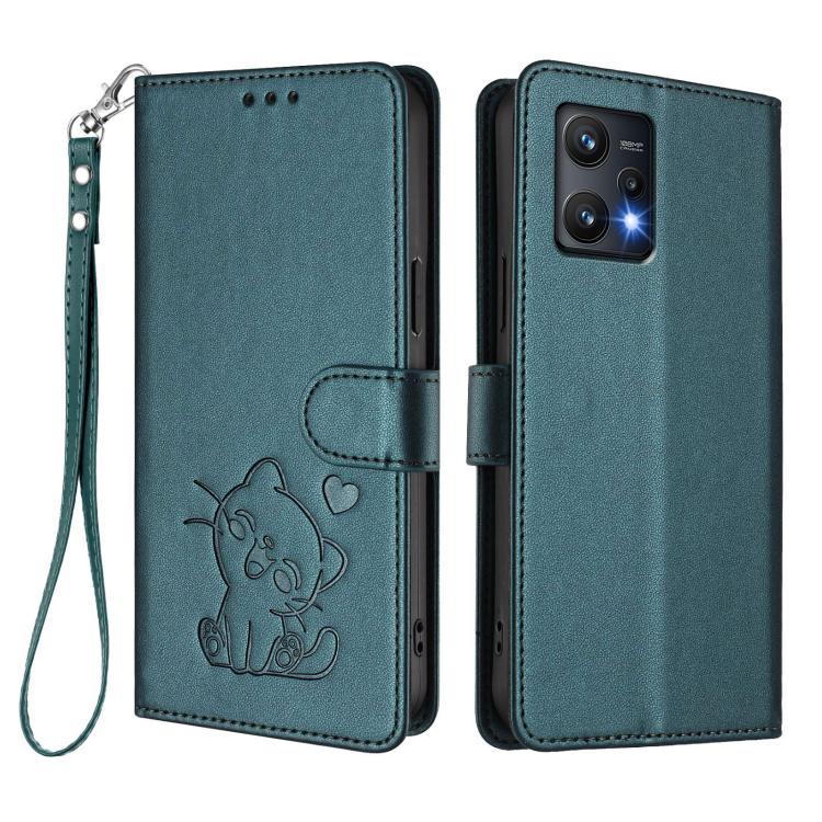 For Realme 9 Pro 5G Global / 9 5G EU Embossed Heart Cat Leather Phone Case with Hand Strap