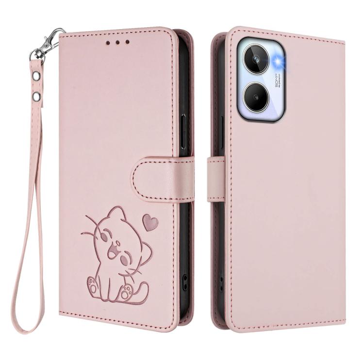 For Realme 10 4G Global Embossed Heart Cat Leather Phone Case with Hand Strap