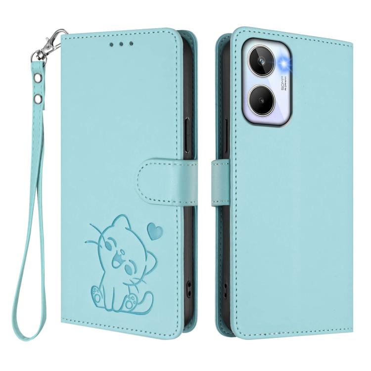 For Realme 10 4G Global Embossed Heart Cat Leather Phone Case with Hand Strap