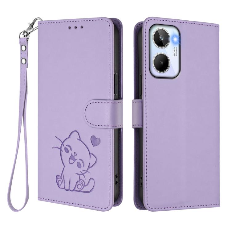 For Realme 10 4G Global Embossed Heart Cat Leather Phone Case with Hand Strap