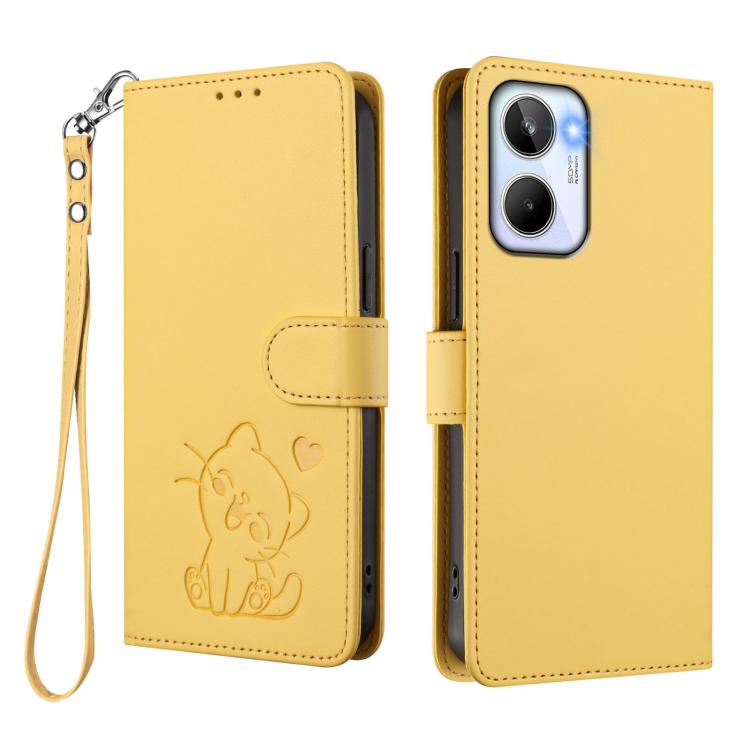 For Realme 10 4G Global Embossed Heart Cat Leather Phone Case with Hand Strap