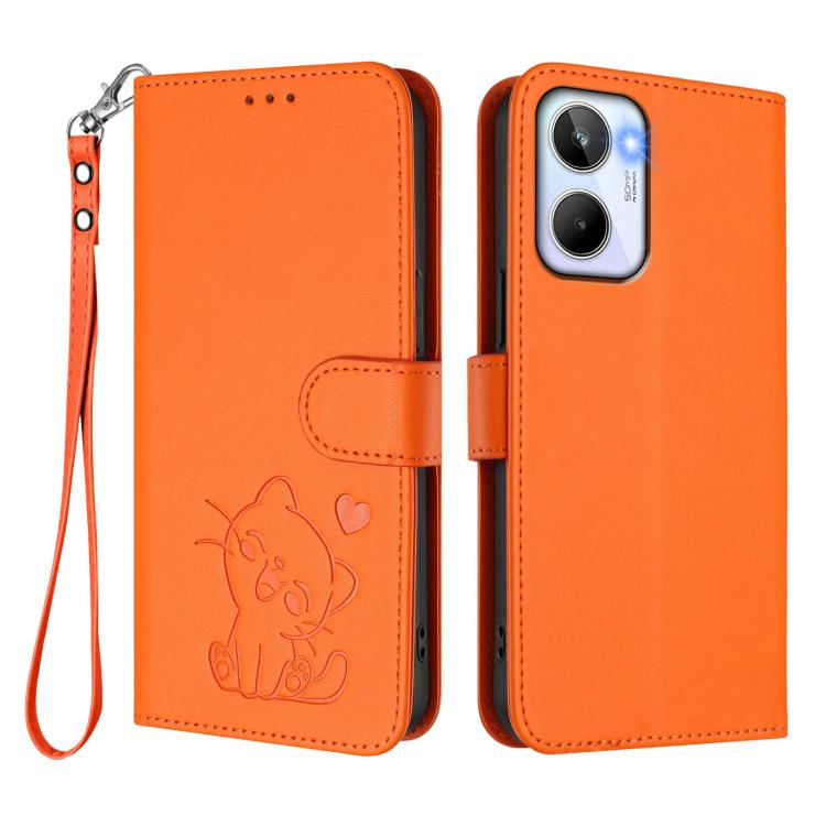For Realme 10 4G Global Embossed Heart Cat Leather Phone Case with Hand Strap