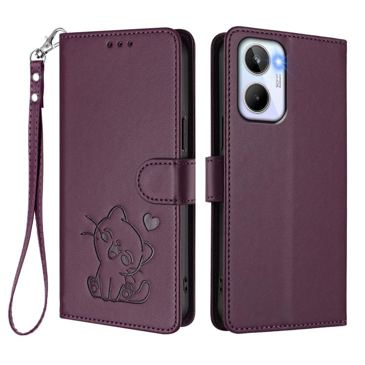 For Realme 10 4G Global Embossed Heart Cat Leather Phone Case with Hand Strap
