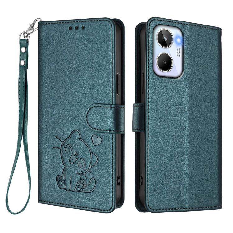 For Realme 10 4G Global Embossed Heart Cat Leather Phone Case with Hand Strap