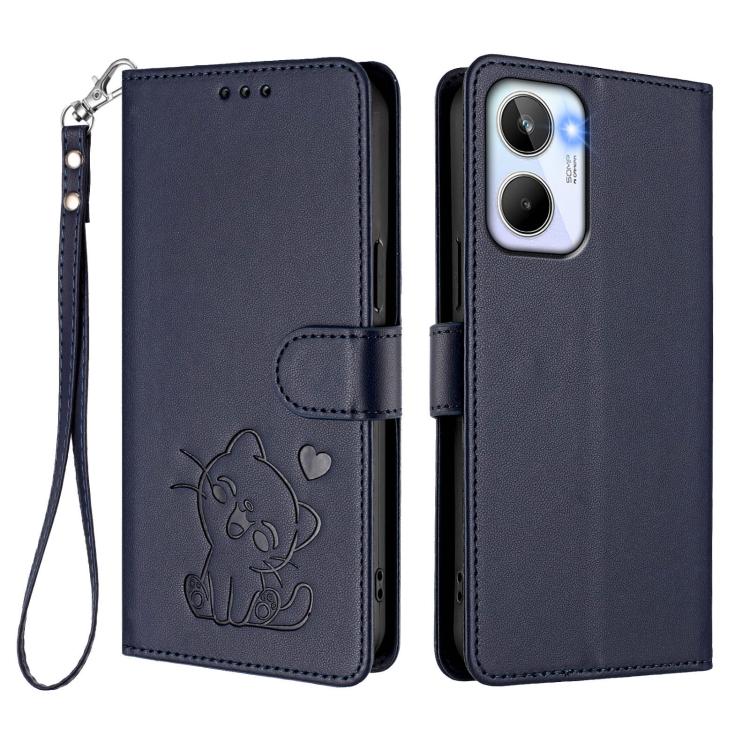 For Realme 10 4G Global Embossed Heart Cat Leather Phone Case with Hand Strap