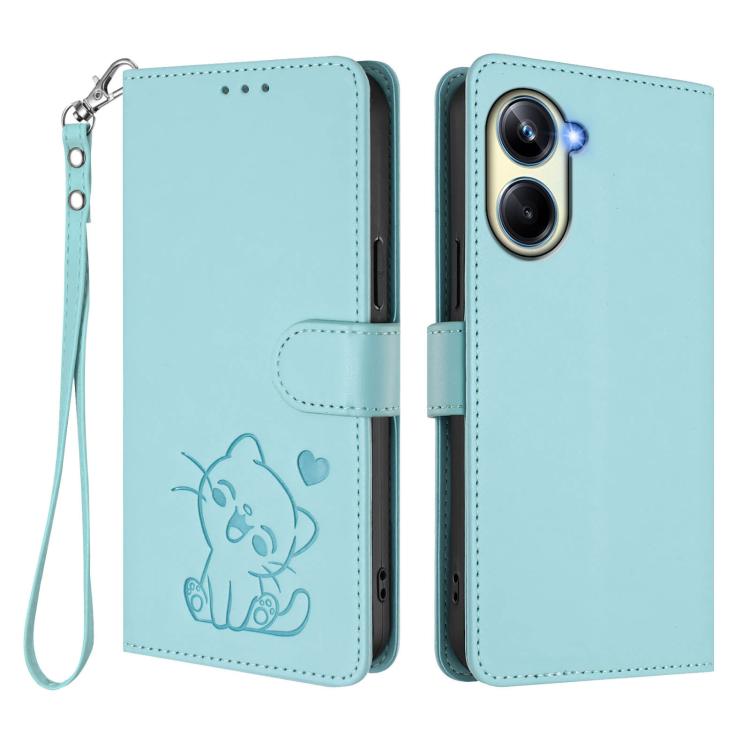 For Realme 10 Pro 5G Embossed Heart Cat Leather Phone Case with Hand Strap