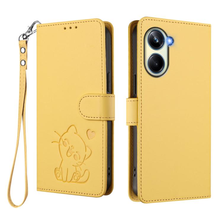 For Realme 10 Pro 5G Embossed Heart Cat Leather Phone Case with Hand Strap