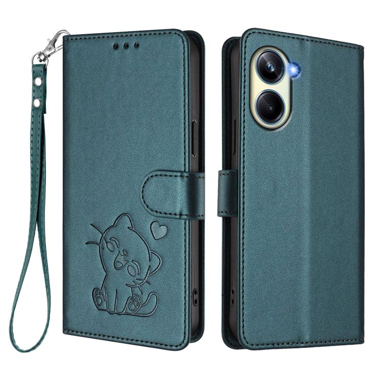 For Realme 10 Pro 5G Embossed Heart Cat Leather Phone Case with Hand Strap