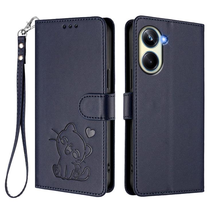 For Realme 10 Pro 5G Embossed Heart Cat Leather Phone Case with Hand Strap