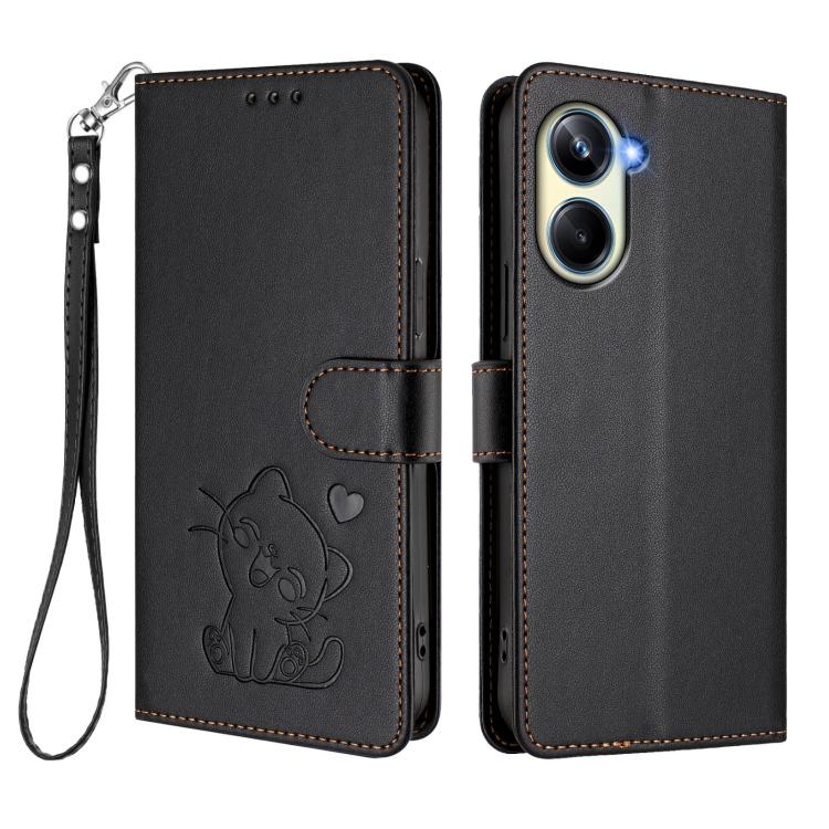 For Realme 10 Pro 5G Embossed Heart Cat Leather Phone Case with Hand Strap