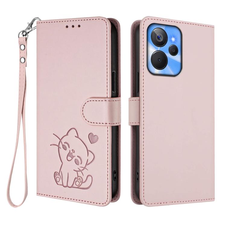 For Realme 10T 5G / 10S 5G Embossed Heart Cat Leather Phone Case with Hand Strap