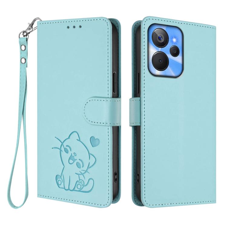 For Realme 10T 5G / 10S 5G Embossed Heart Cat Leather Phone Case with Hand Strap