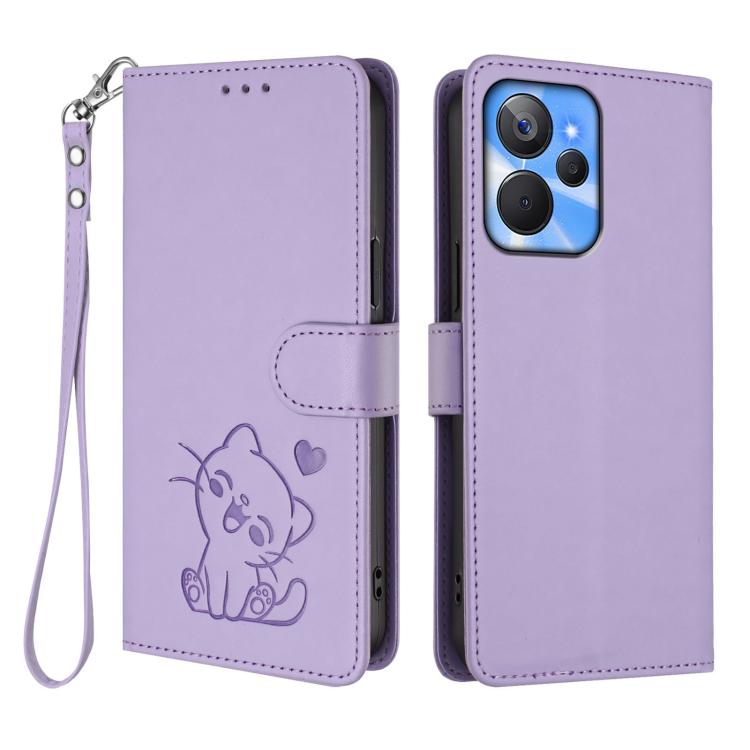 For Realme 10T 5G / 10S 5G Embossed Heart Cat Leather Phone Case with Hand Strap
