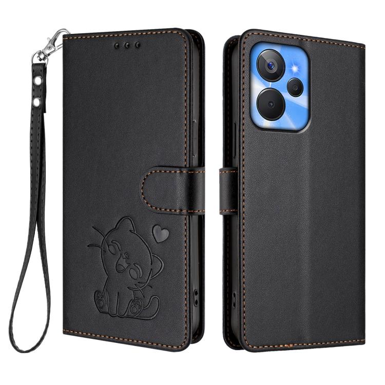 For Realme 10T 5G / 10S 5G Embossed Heart Cat Leather Phone Case with Hand Strap