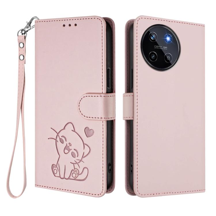For Realme 11 4G Global Embossed Heart Cat Leather Phone Case with Hand Strap