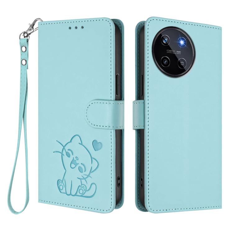 For Realme 11 4G Global Embossed Heart Cat Leather Phone Case with Hand Strap