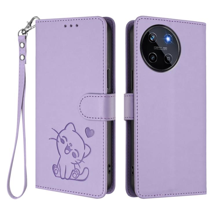 For Realme 11 4G Global Embossed Heart Cat Leather Phone Case with Hand Strap