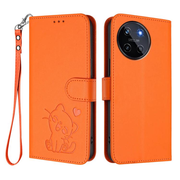 For Realme 11 4G Global Embossed Heart Cat Leather Phone Case with Hand Strap