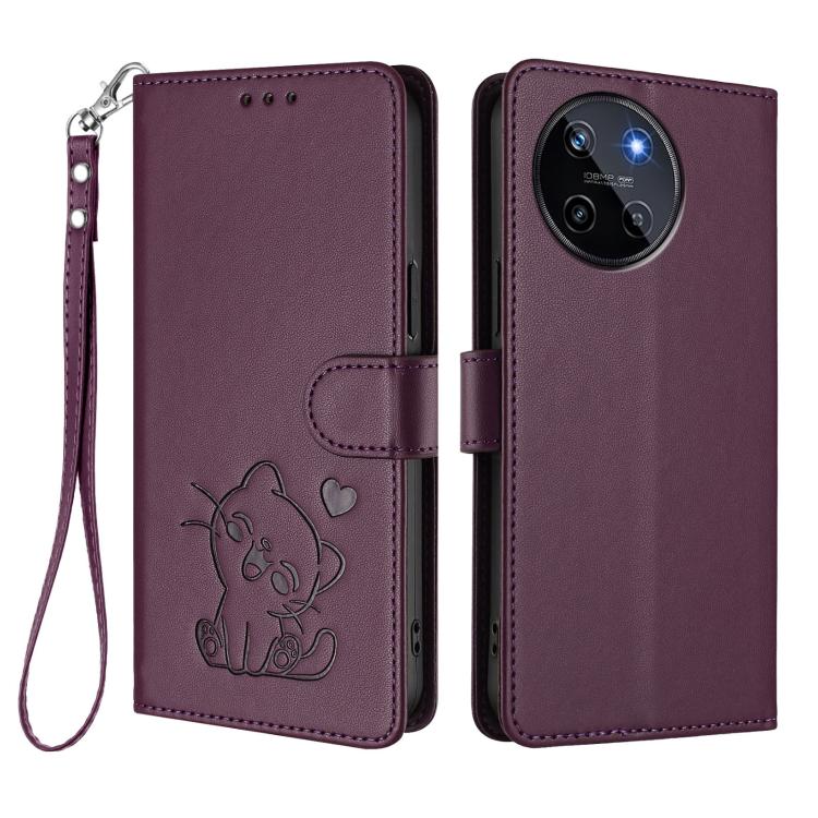 For Realme 11 4G Global Embossed Heart Cat Leather Phone Case with Hand Strap
