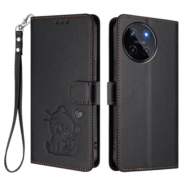 For Realme 11 4G Global Embossed Heart Cat Leather Phone Case with Hand Strap