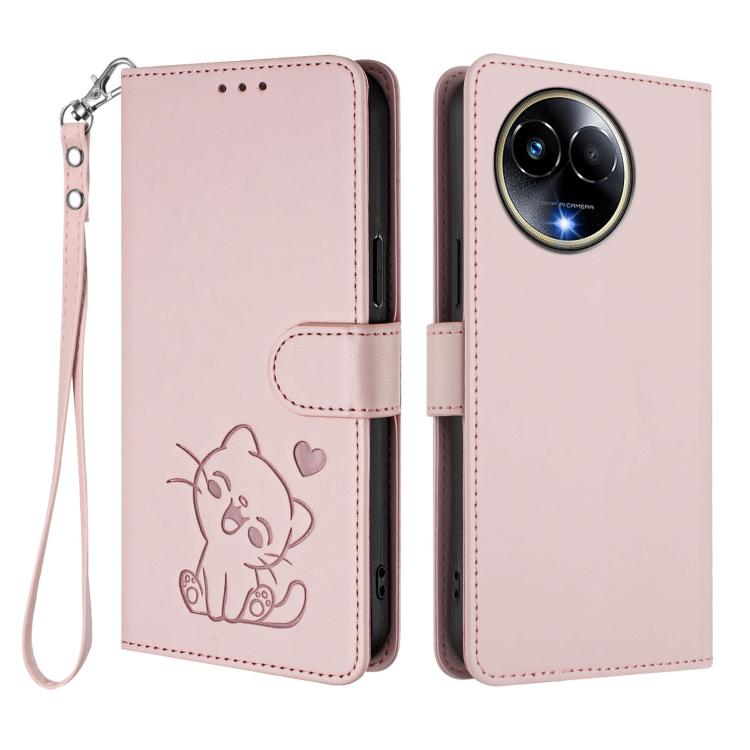 For Realme 11 5G Global / C67 5G India Embossed Heart Cat Leather Phone Case with Hand Strap