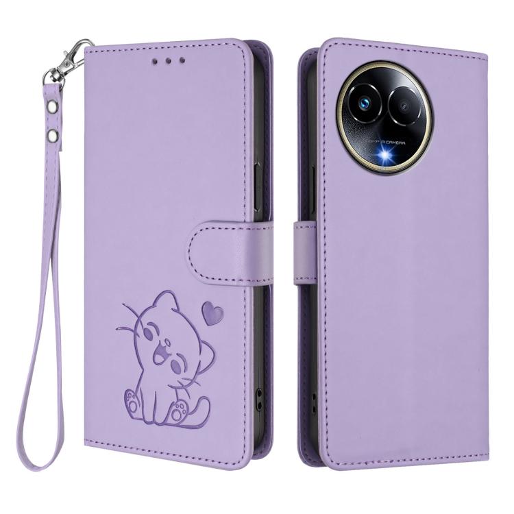 For Realme 11 5G Global / C67 5G India Embossed Heart Cat Leather Phone Case with Hand Strap