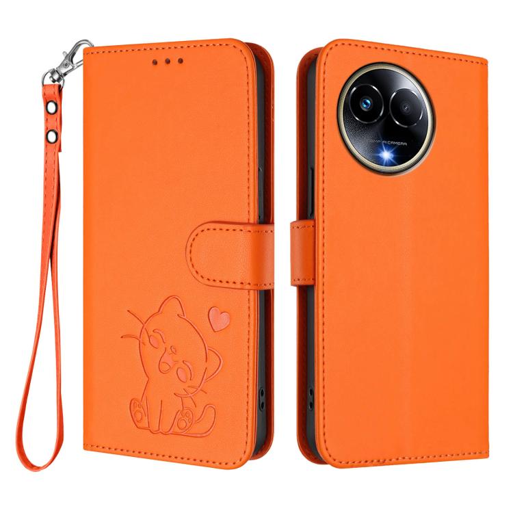 For Realme 11 5G Global / C67 5G India Embossed Heart Cat Leather Phone Case with Hand Strap