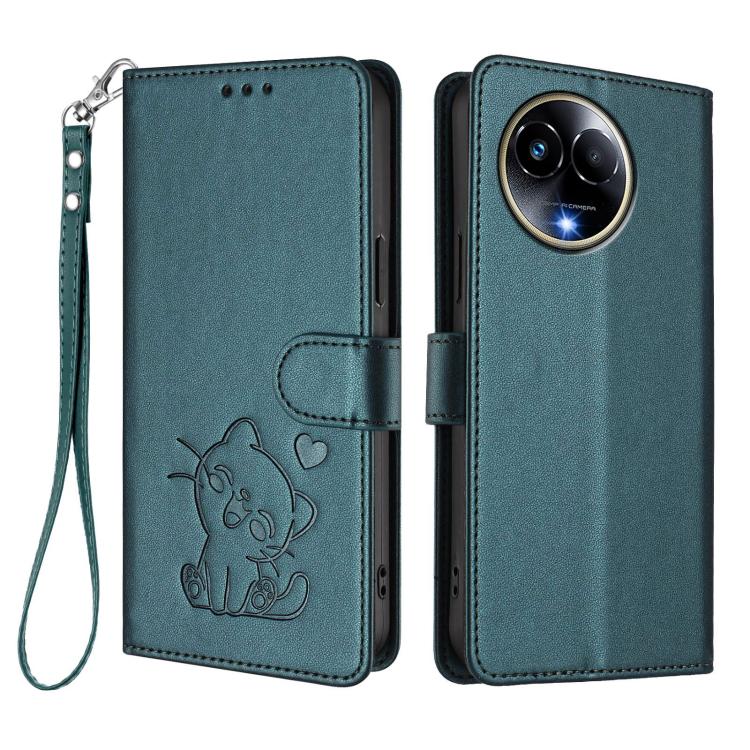 For Realme 11 5G Global / C67 5G India Embossed Heart Cat Leather Phone Case with Hand Strap