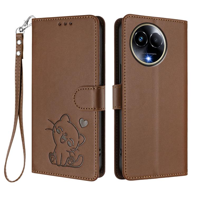 For Realme 11 5G Global / C67 5G India Embossed Heart Cat Leather Phone Case with Hand Strap