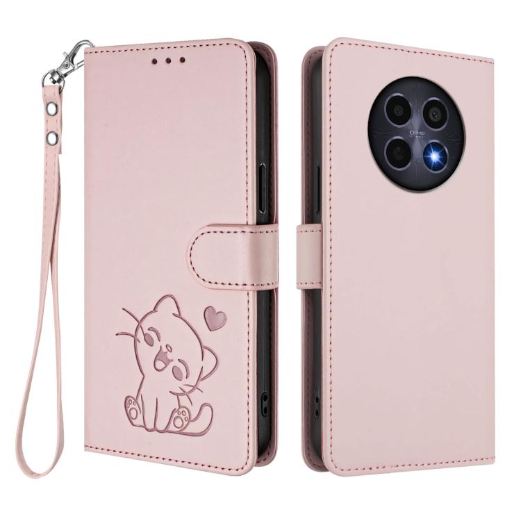 For Realme 13 / 12 / 12x / C65 5G Global Embossed Heart Cat Leather Phone Case with Hand Strap