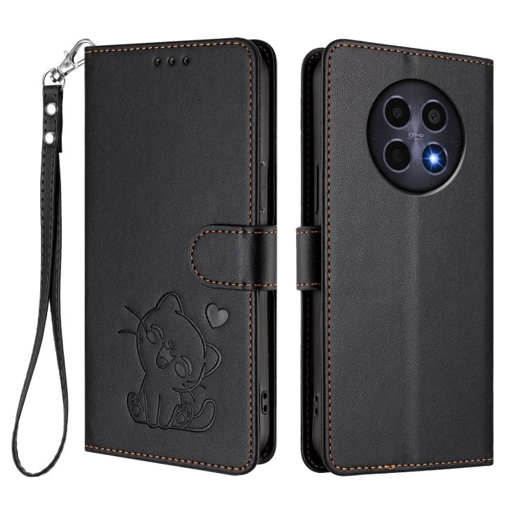 For Realme 13 / 12 / 12x / C65 5G Global Embossed Heart Cat Leather Phone Case with Hand Strap