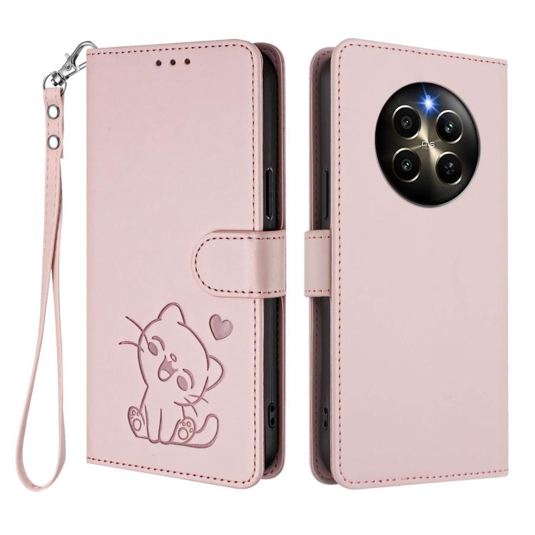 For Realme 12 Pro / 12 Pro+ / P1 Pro 5G Embossed Heart Cat Leather Phone Case with Hand Strap