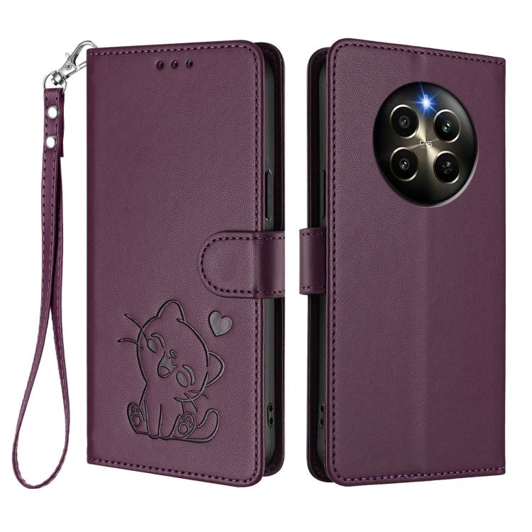 For Realme 12 Pro / 12 Pro+ / P1 Pro 5G Embossed Heart Cat Leather Phone Case with Hand Strap