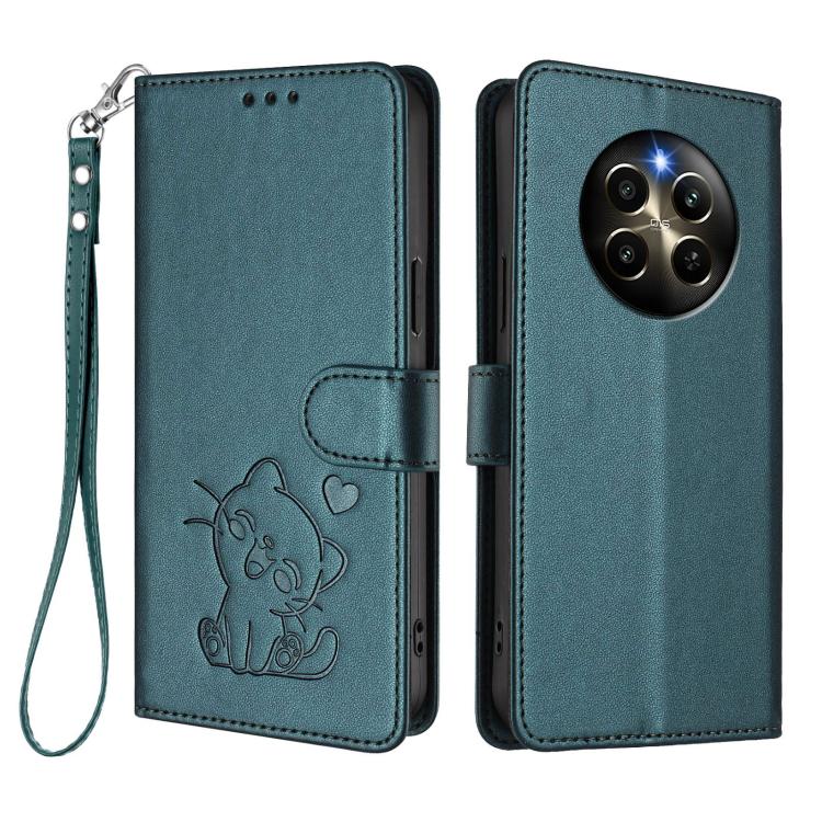 For Realme 12 Pro / 12 Pro+ / P1 Pro 5G Embossed Heart Cat Leather Phone Case with Hand Strap