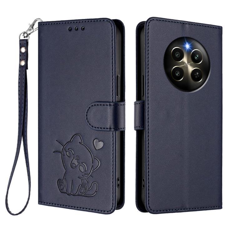 For Realme 12 Pro / 12 Pro+ / P1 Pro 5G Embossed Heart Cat Leather Phone Case with Hand Strap