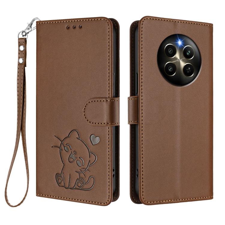 For Realme 12 Pro / 12 Pro+ / P1 Pro 5G Embossed Heart Cat Leather Phone Case with Hand Strap