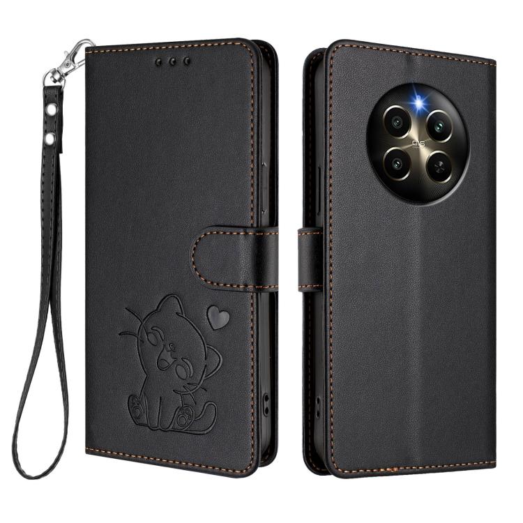 For Realme 12 Pro / 12 Pro+ / P1 Pro 5G Embossed Heart Cat Leather Phone Case with Hand Strap