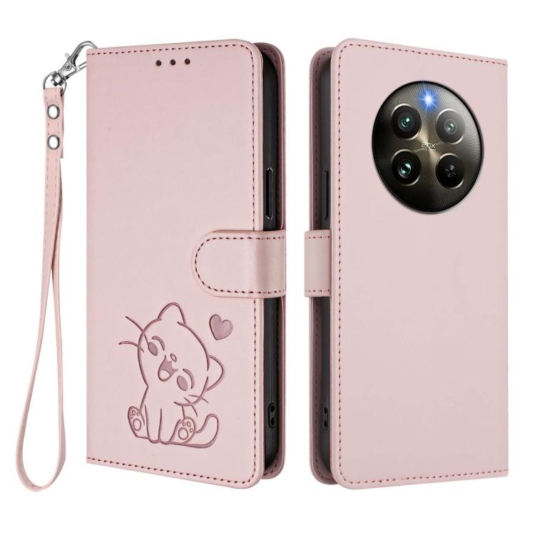 For Realme 13 / 12 4G / P1 5G Global Embossed Heart Cat Leather Phone Case with Hand Strap