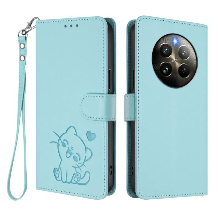 For Realme 13 / 12 4G / P1 5G Global Embossed Heart Cat Leather Phone Case with Hand Strap