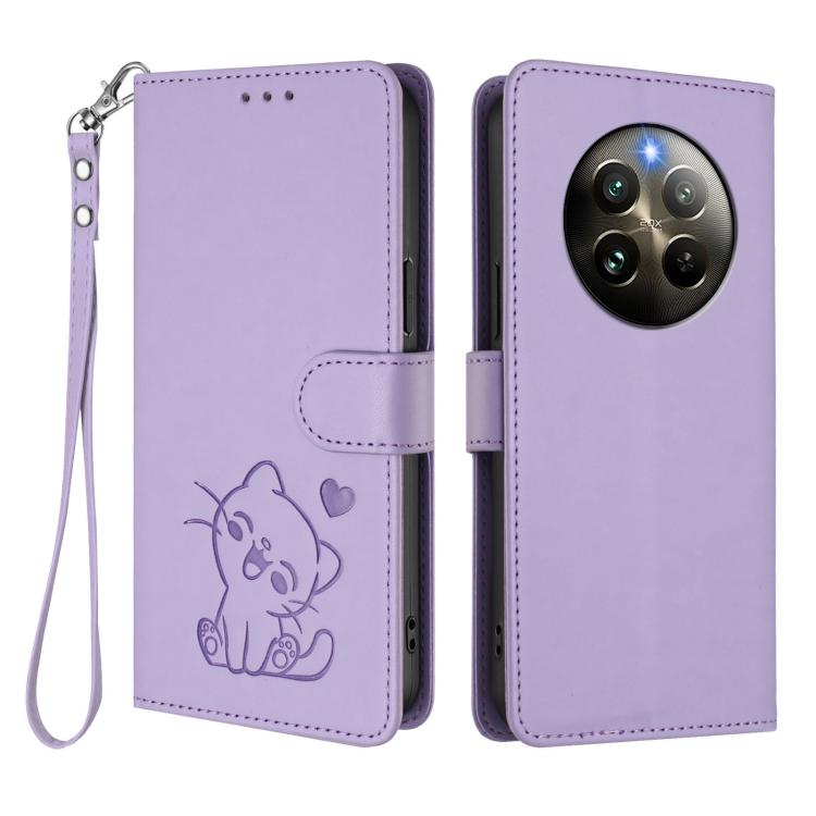 For Realme 13 / 12 4G / P1 5G Global Embossed Heart Cat Leather Phone Case with Hand Strap