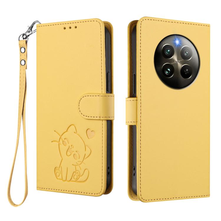 For Realme 13 / 12 4G / P1 5G Global Embossed Heart Cat Leather Phone Case with Hand Strap