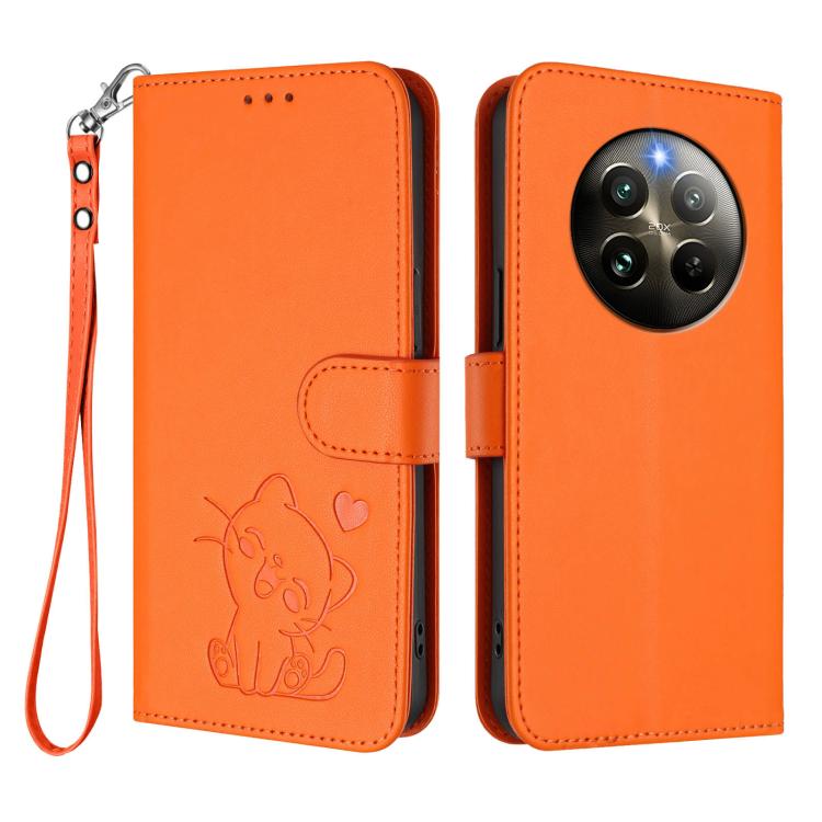For Realme 13 / 12 4G / P1 5G Global Embossed Heart Cat Leather Phone Case with Hand Strap
