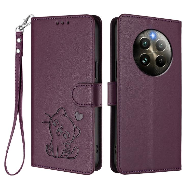 For Realme 13 / 12 4G / P1 5G Global Embossed Heart Cat Leather Phone Case with Hand Strap